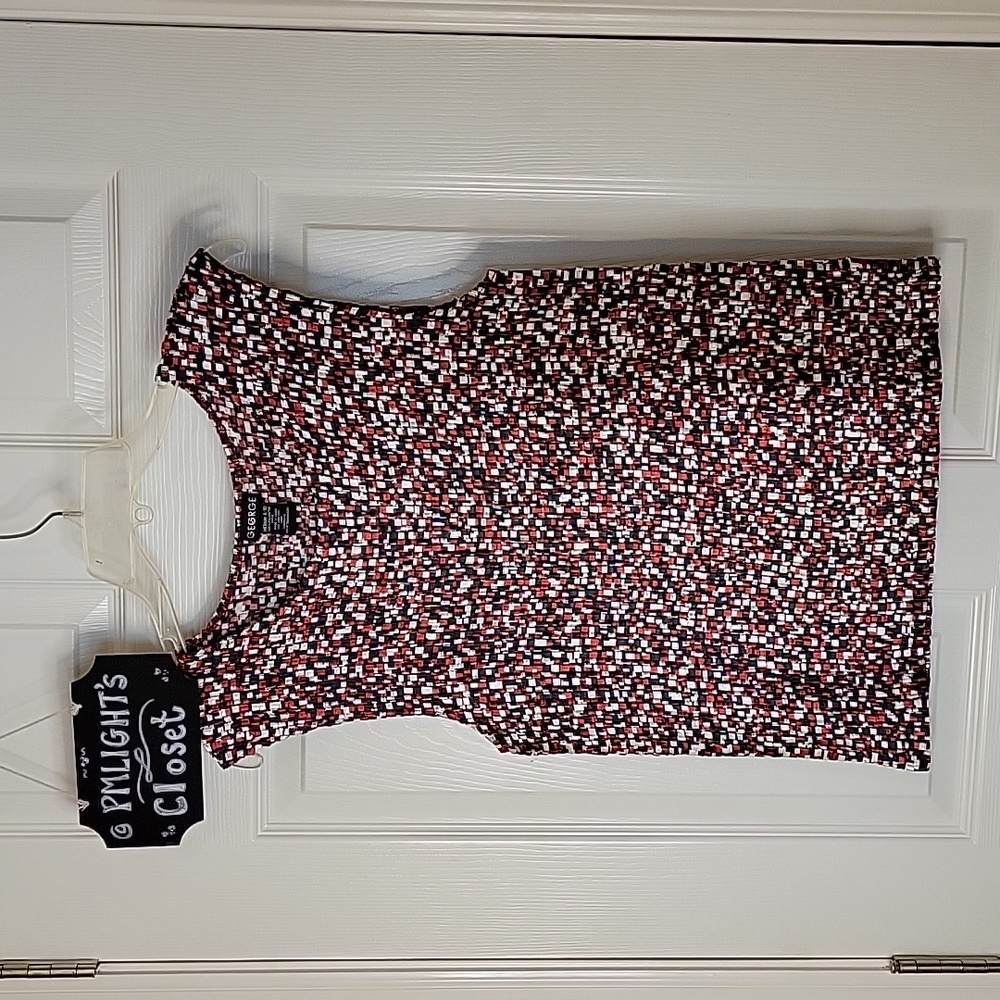 George Sleeveless Blouse Medium Red Black White Gathered Squares